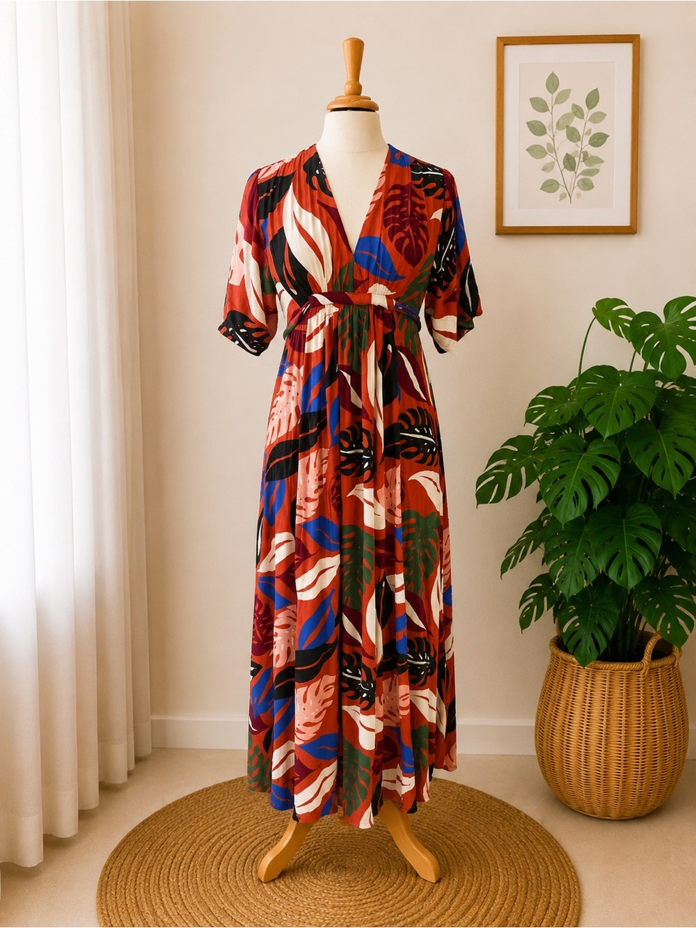 Rachel Pally Willow Crepe Maxi Dress Vibrant Botanical Leaf Print
